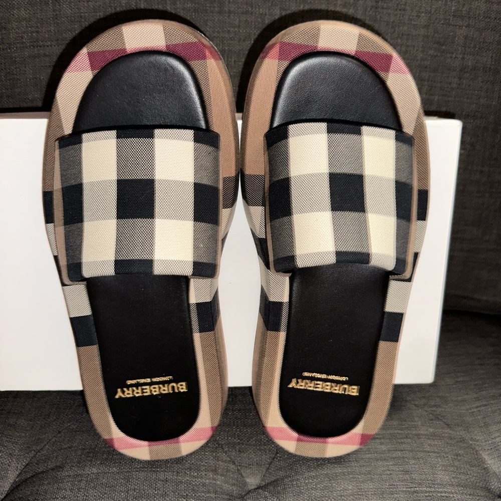 Burberry Plaid Slide Sandals in Black and Cream